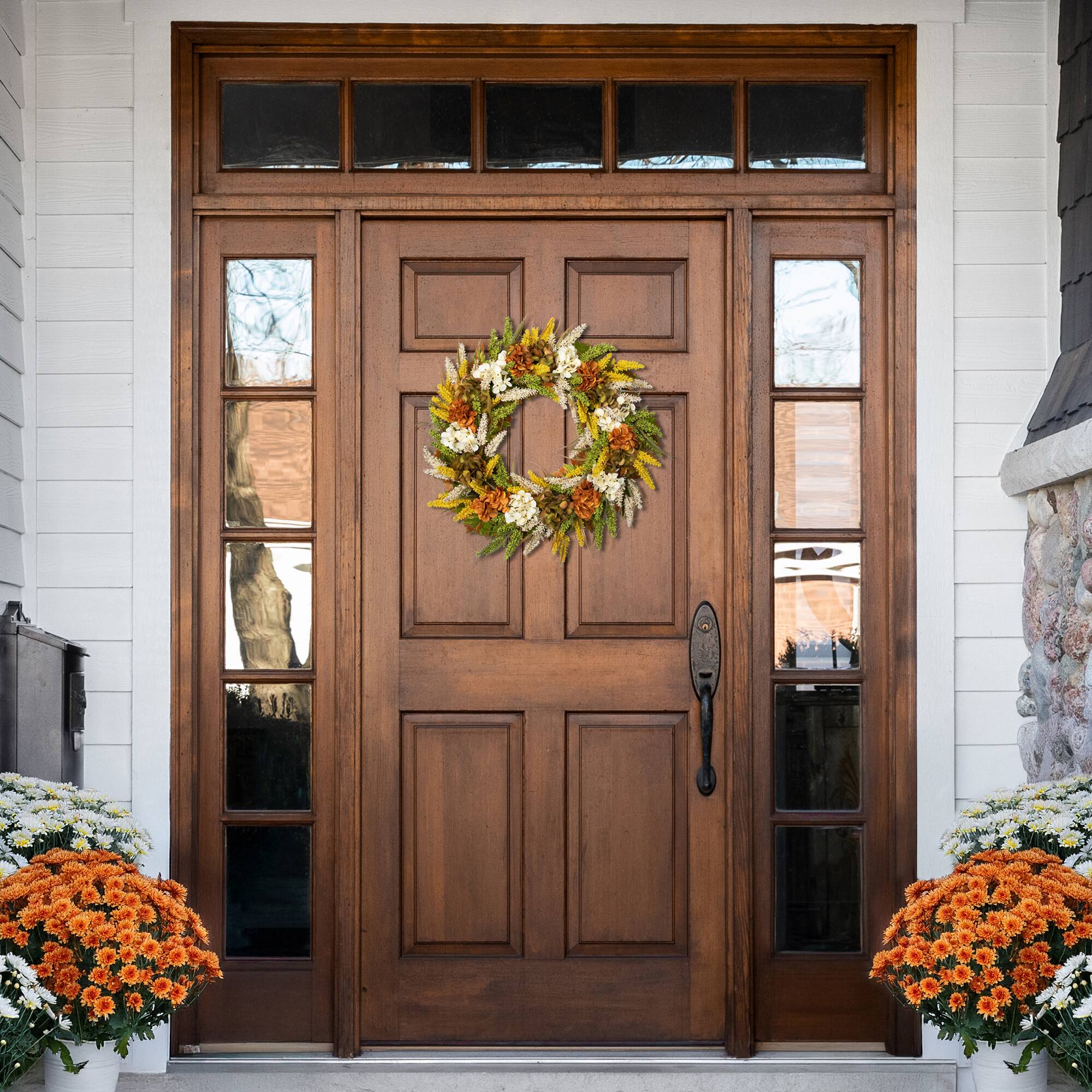 28" White & Orange Hydrangea Artificial Fall Harvest Twig Wreath